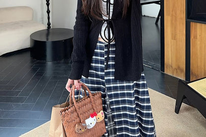 Low Waist Plaid Maxi A-Line Skirt Lace-Up Cardigan
