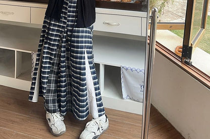 Low Waist Plaid Maxi A-Line Skirt Lace-Up Cardigan