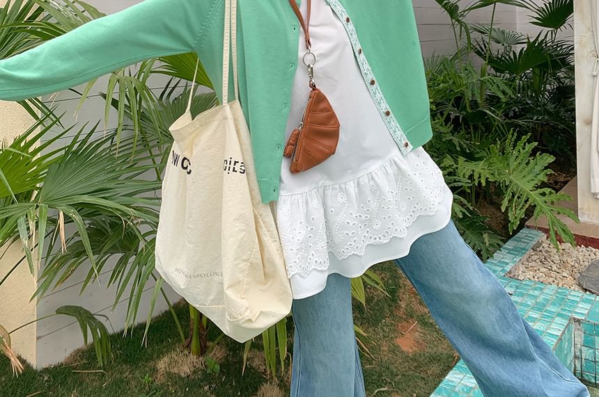 Round-Neck Lace Cardigan & Peplum Tank Set