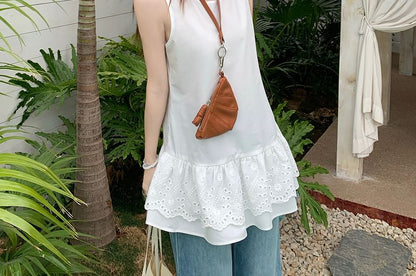 Round-Neck Lace Cardigan & Peplum Tank Set