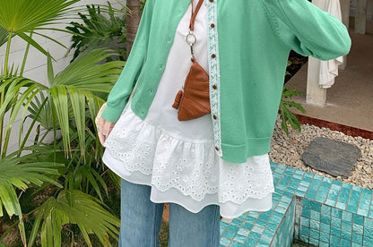 Round-Neck Lace Cardigan & Peplum Tank Set