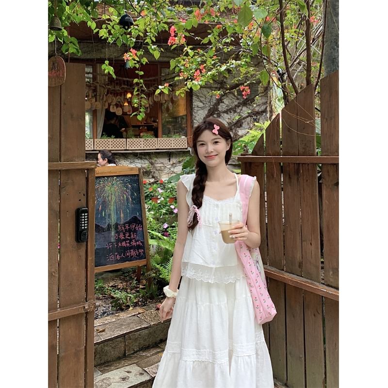Sleeveless Lace Blouse & Maxi A-Line Skirt Set