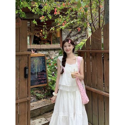 Sleeveless Lace Blouse & Maxi A-Line Skirt Set
