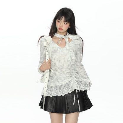 Striped Lace-Trim V-Neck Long-Sleeve Tee