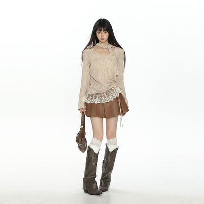 Striped Lace-Trim V-Neck Long-Sleeve Tee