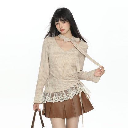 Striped Lace-Trim V-Neck Long-Sleeve Tee