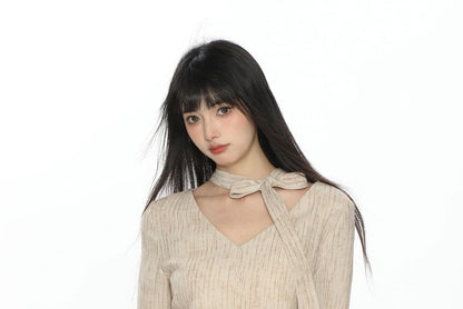 Striped Lace-Trim V-Neck Long-Sleeve Tee