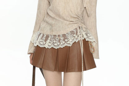 Striped Lace-Trim V-Neck Long-Sleeve Tee