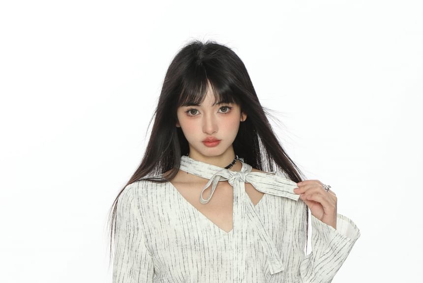 Striped Lace-Trim V-Neck Long-Sleeve Tee