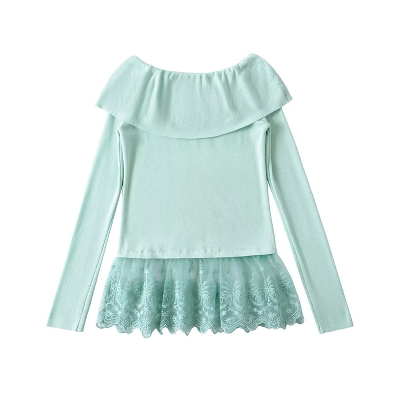 Off-Shoulder Lace Panel Knit Long-Sleeved Top
