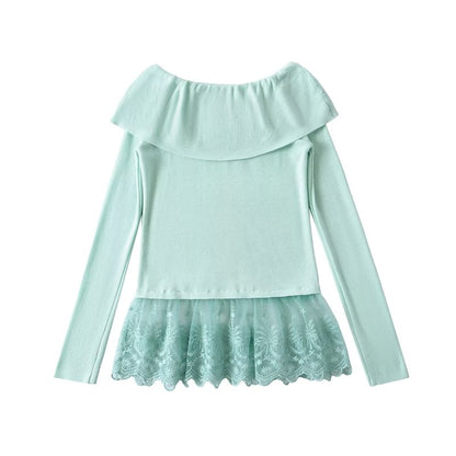 Off-Shoulder Lace Panel Knit Long-Sleeved Top
