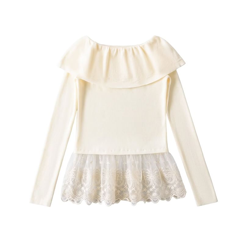Off-Shoulder Lace Panel Knit Long-Sleeved Top