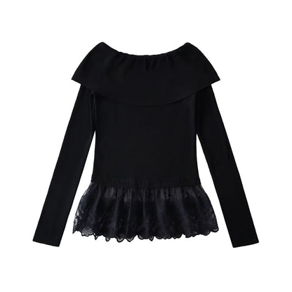 Off-Shoulder Lace Panel Knit Long-Sleeved Top