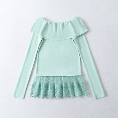 Off-Shoulder Lace Panel Knit Long-Sleeved Top