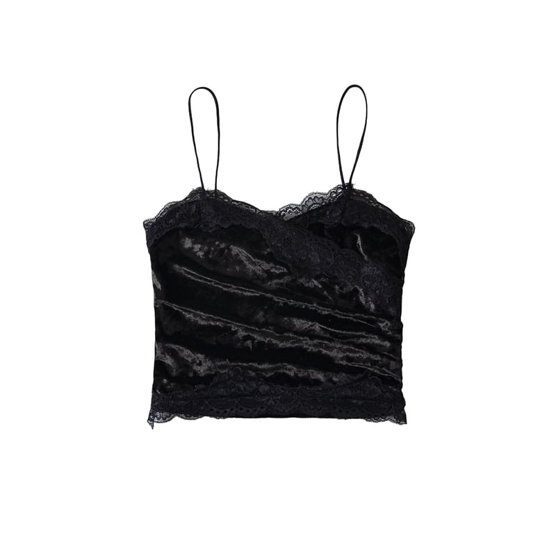 Ruched Velvet Lace Trim V-Neck Crop Camisole