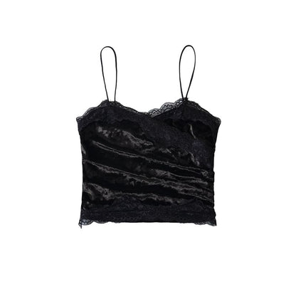 Ruched Velvet Lace Trim V-Neck Crop Camisole