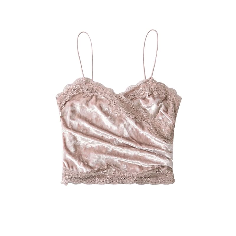 Ruched Velvet Lace Trim V-Neck Crop Camisole