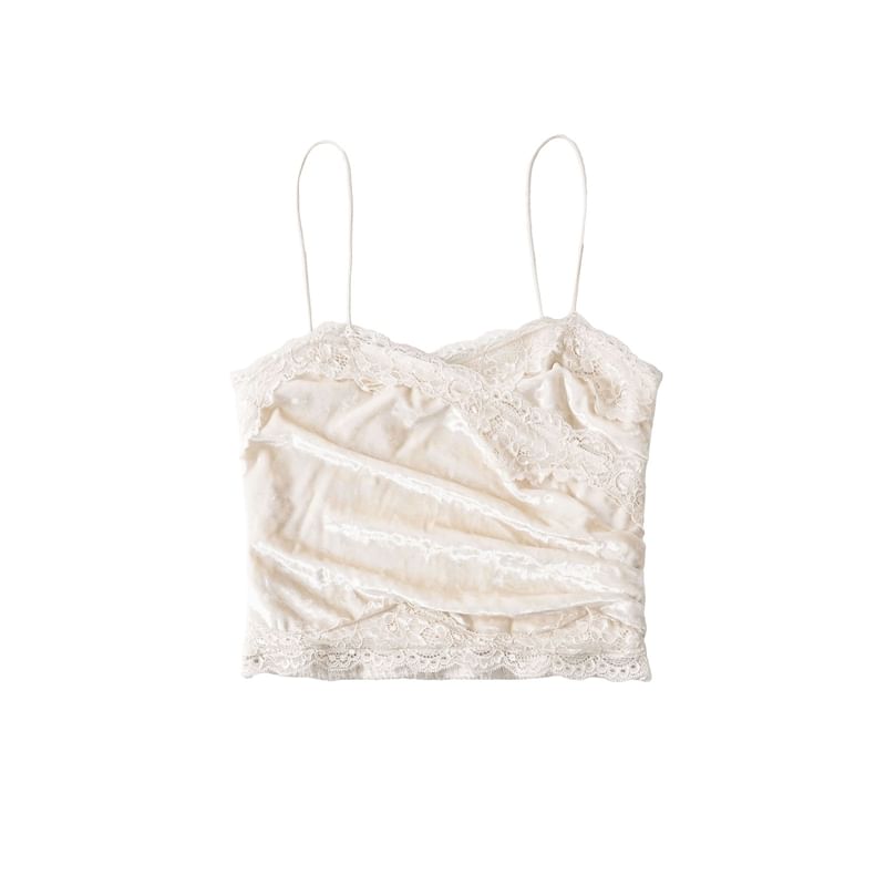 Ruched Velvet Lace Trim V-Neck Crop Camisole