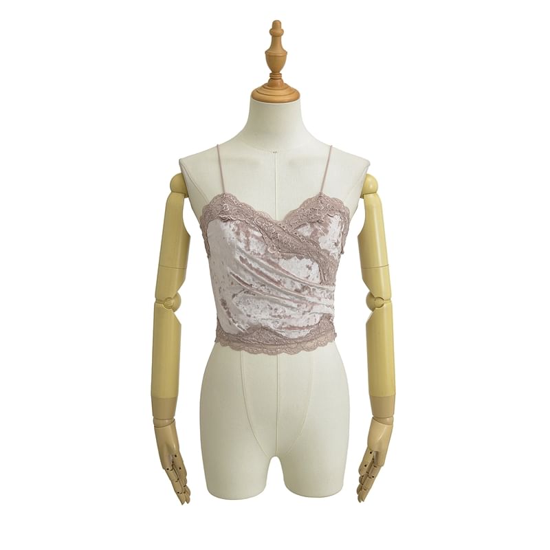 Ruched Velvet Lace Trim V-Neck Crop Camisole