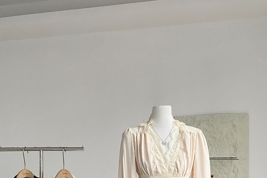 V-Neck Long-Sleeve Lace Ruffle Blouse