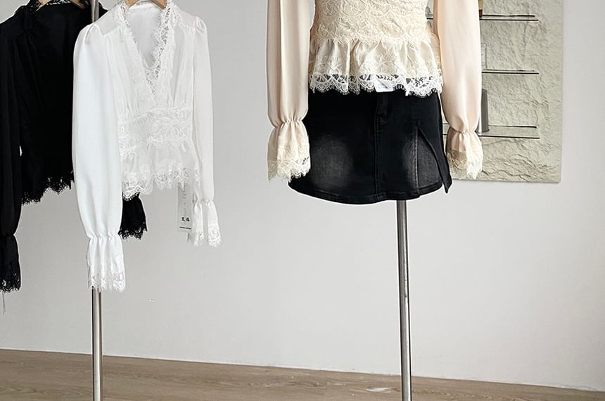 V-Neck Long-Sleeve Lace Ruffle Blouse