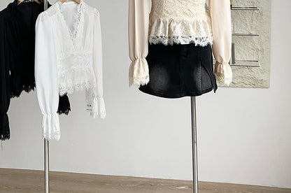 V-Neck Long-Sleeve Lace Ruffle Blouse