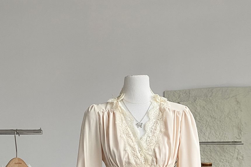 V-Neck Long-Sleeve Lace Ruffle Blouse