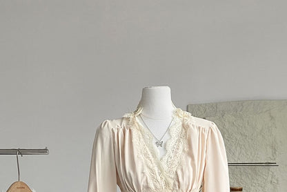 V-Neck Long-Sleeve Lace Ruffle Blouse