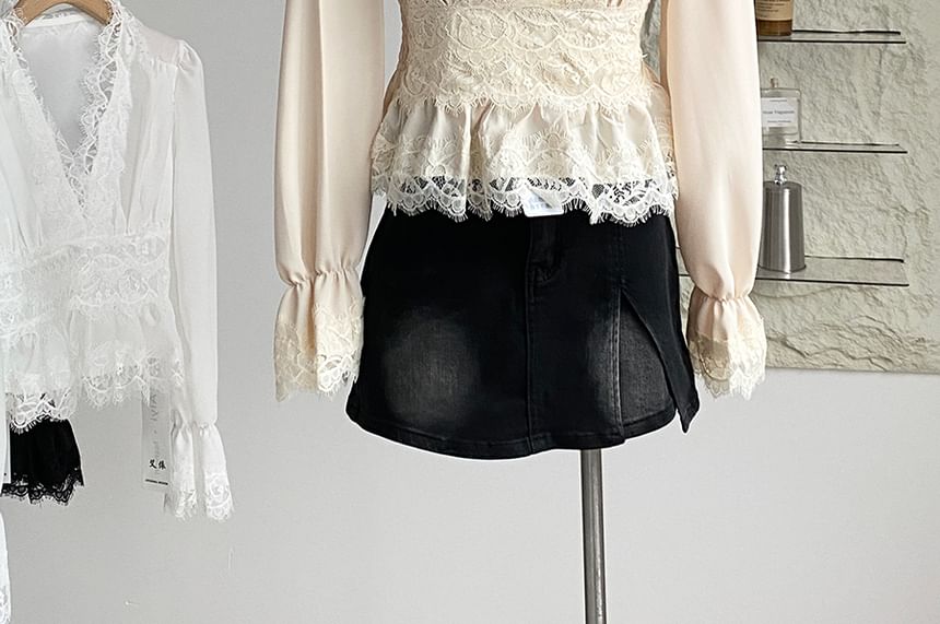 V-Neck Long-Sleeve Lace Ruffle Blouse
