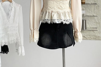 V-Neck Long-Sleeve Lace Ruffle Blouse