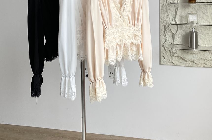 V-Neck Long-Sleeve Lace Ruffle Blouse