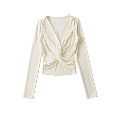Twist-Front Lace-Trim V-Neck Crop Top