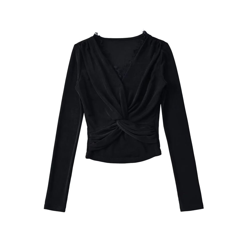 Twist-Front Lace-Trim V-Neck Crop Top