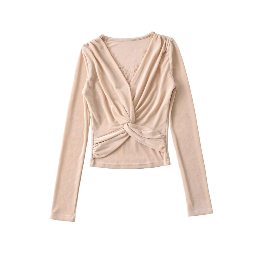 Twist-Front Lace-Trim V-Neck Crop Top