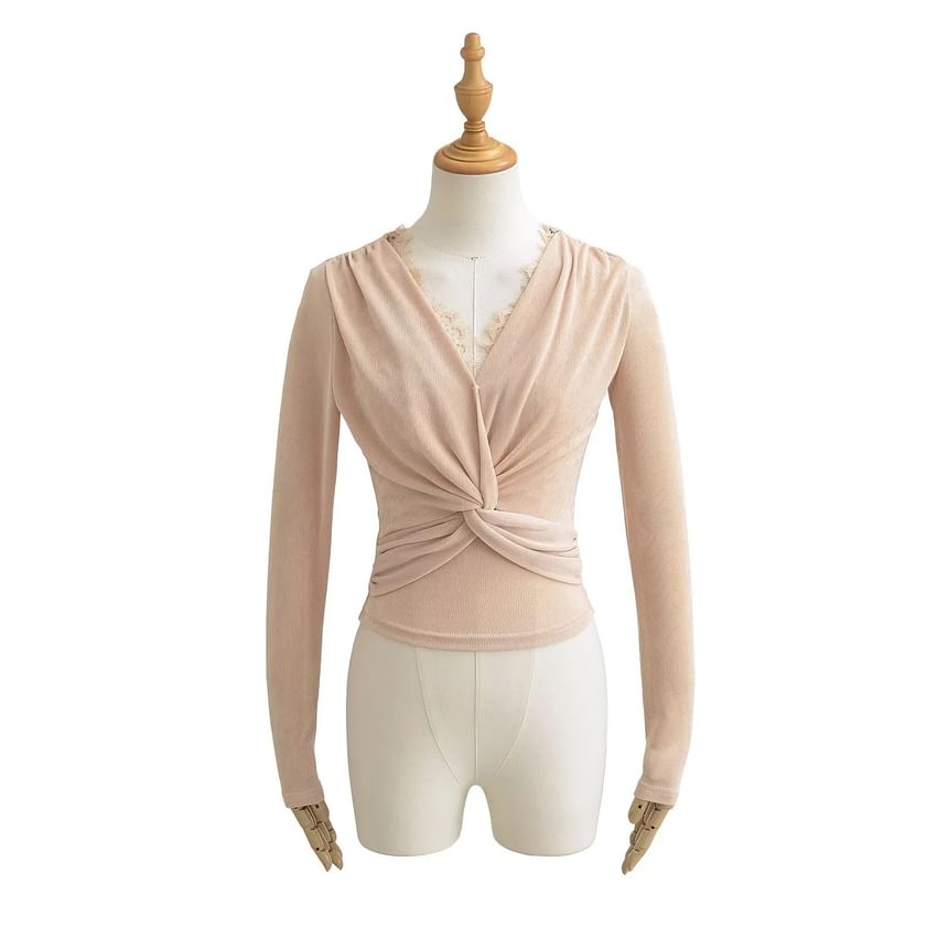 Twist-Front Lace-Trim V-Neck Crop Top