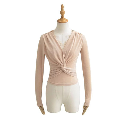 Twist-Front Lace-Trim V-Neck Crop Top