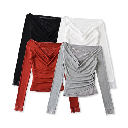 Cowl V-Neck Lace Ruffle Long-Sleeve Tee