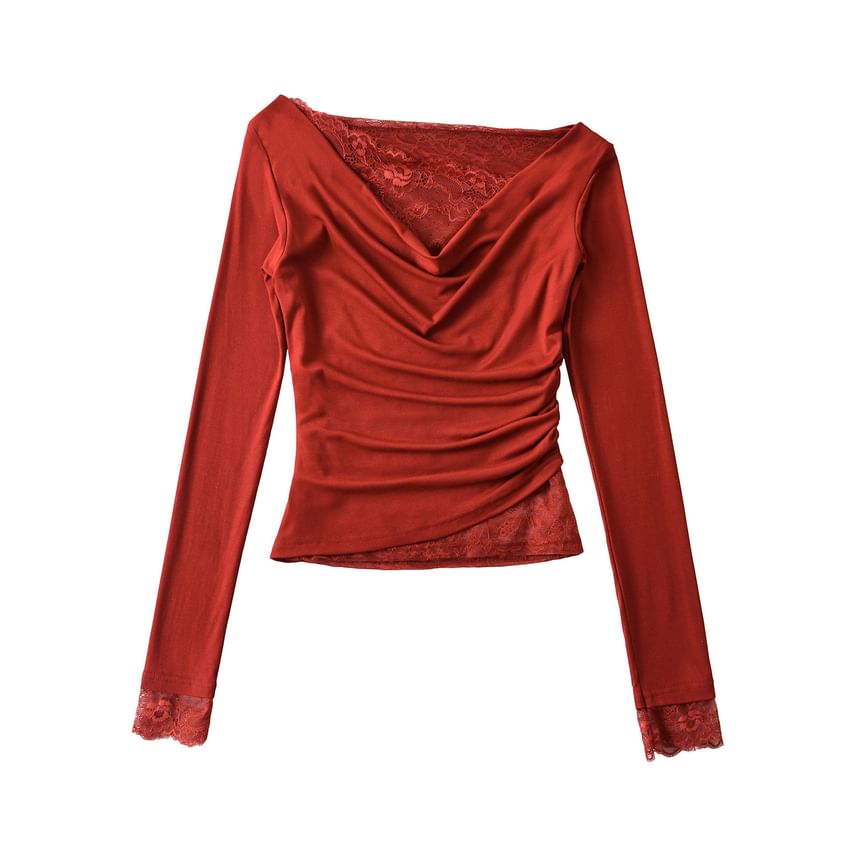 Cowl V-Neck Lace Ruffle Long-Sleeve Tee