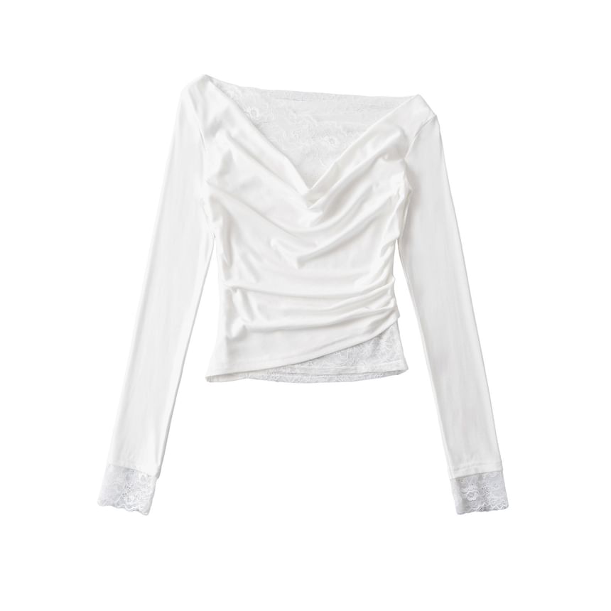 Cowl V-Neck Lace Ruffle Long-Sleeve Tee