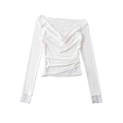 Cowl V-Neck Lace Ruffle Long-Sleeve Tee