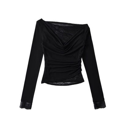 Cowl V-Neck Lace Ruffle Long-Sleeve Tee