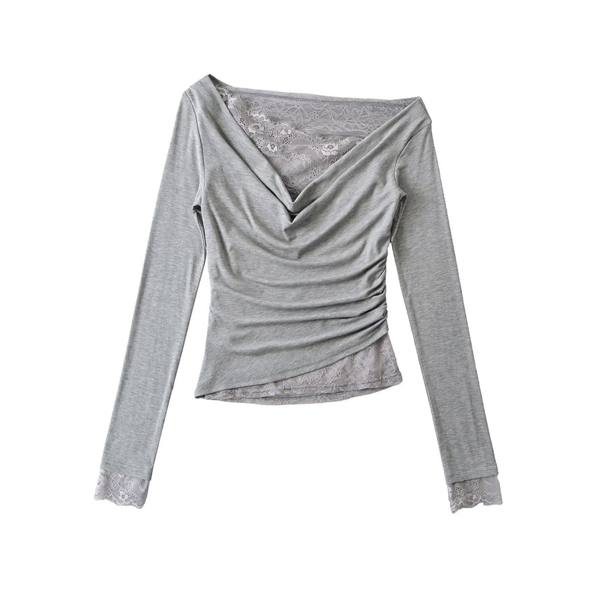 Cowl V-Neck Lace Ruffle Long-Sleeve Tee