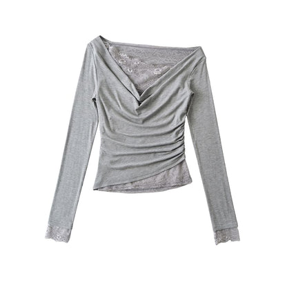 Cowl V-Neck Lace Ruffle Long-Sleeve Tee