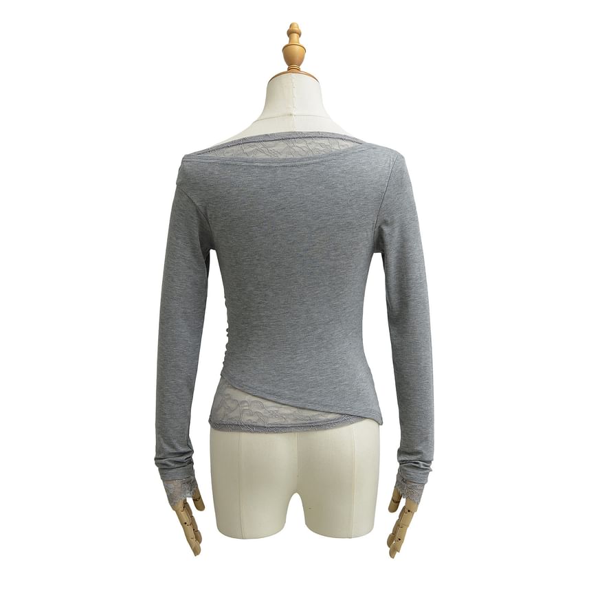 Cowl V-Neck Lace Ruffle Long-Sleeve Tee
