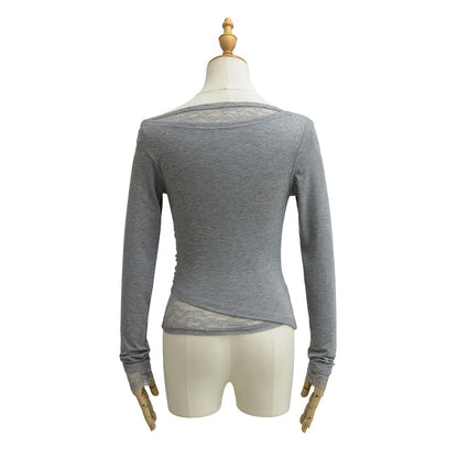 Cowl V-Neck Lace Ruffle Long-Sleeve Tee