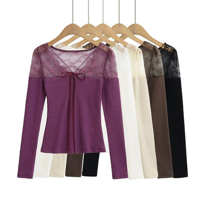 Ribbed Knit Lace Panel V-Neck Top