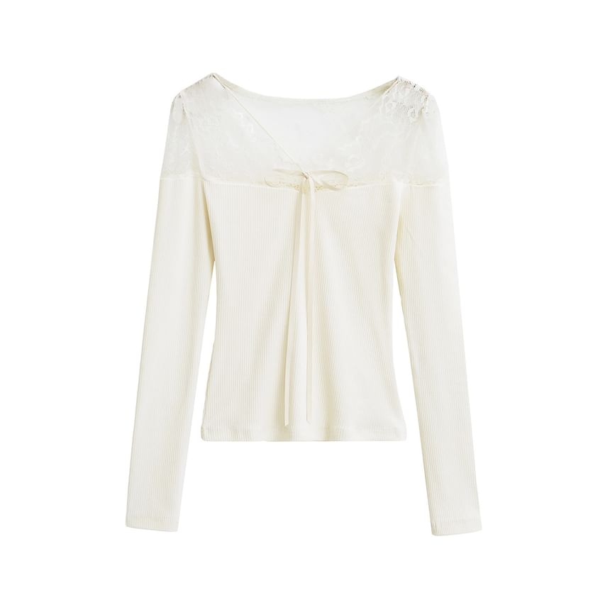 Ribbed Knit Lace Panel V-Neck Top