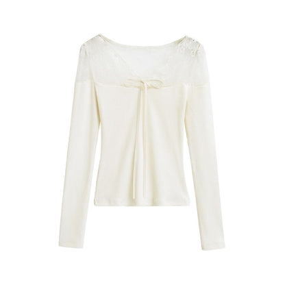 Ribbed Knit Lace Panel V-Neck Top
