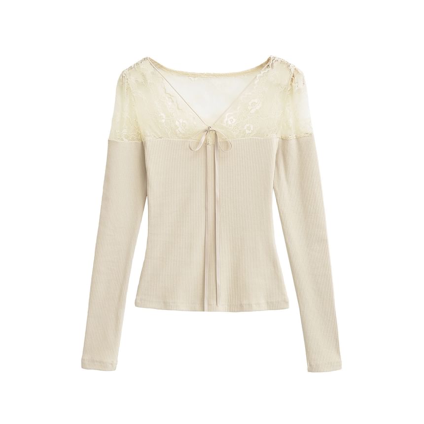 Ribbed Knit Lace Panel V-Neck Top