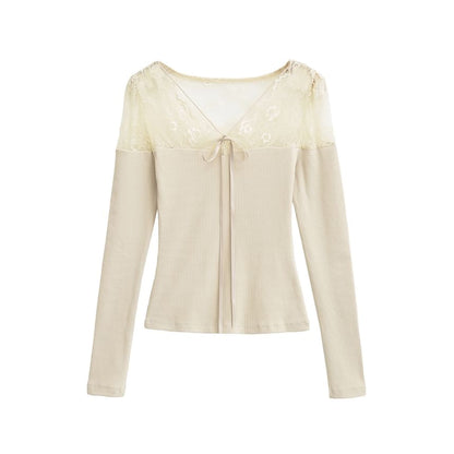 Ribbed Knit Lace Panel V-Neck Top